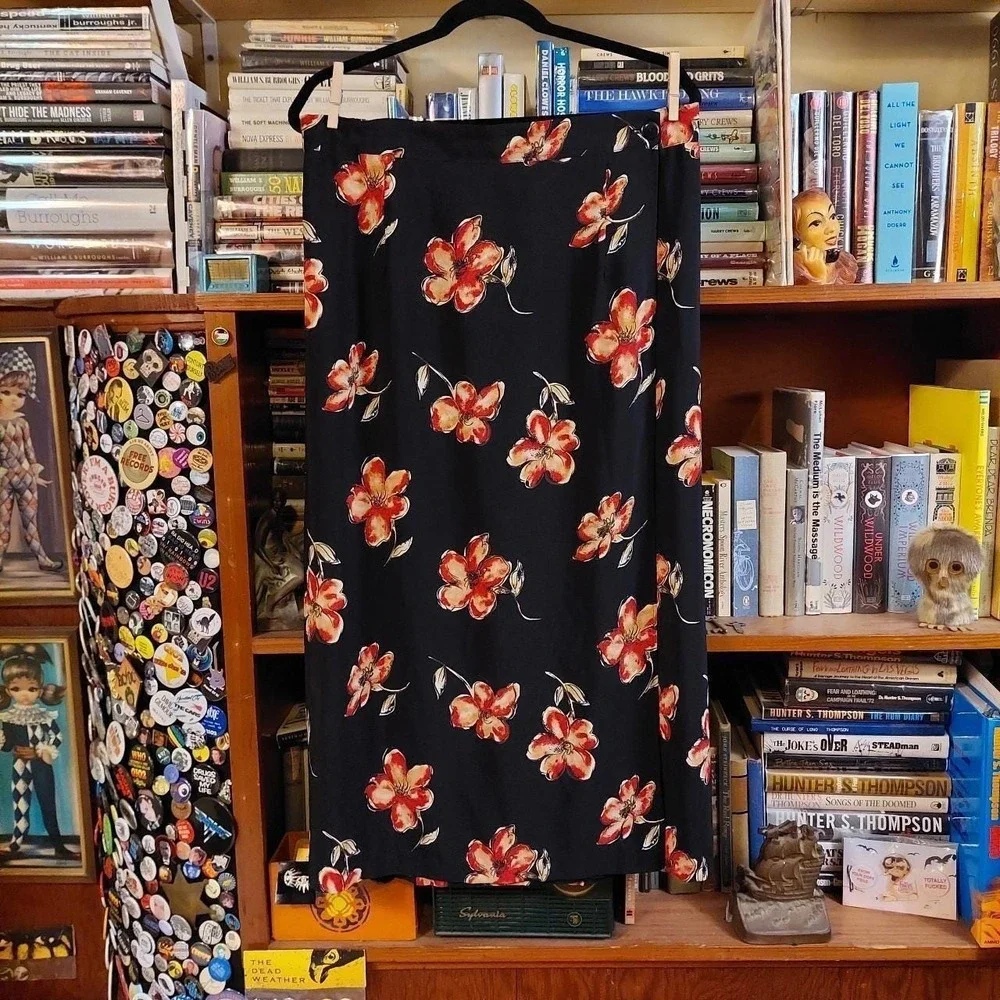Vintage black and red floral floor length skirt.